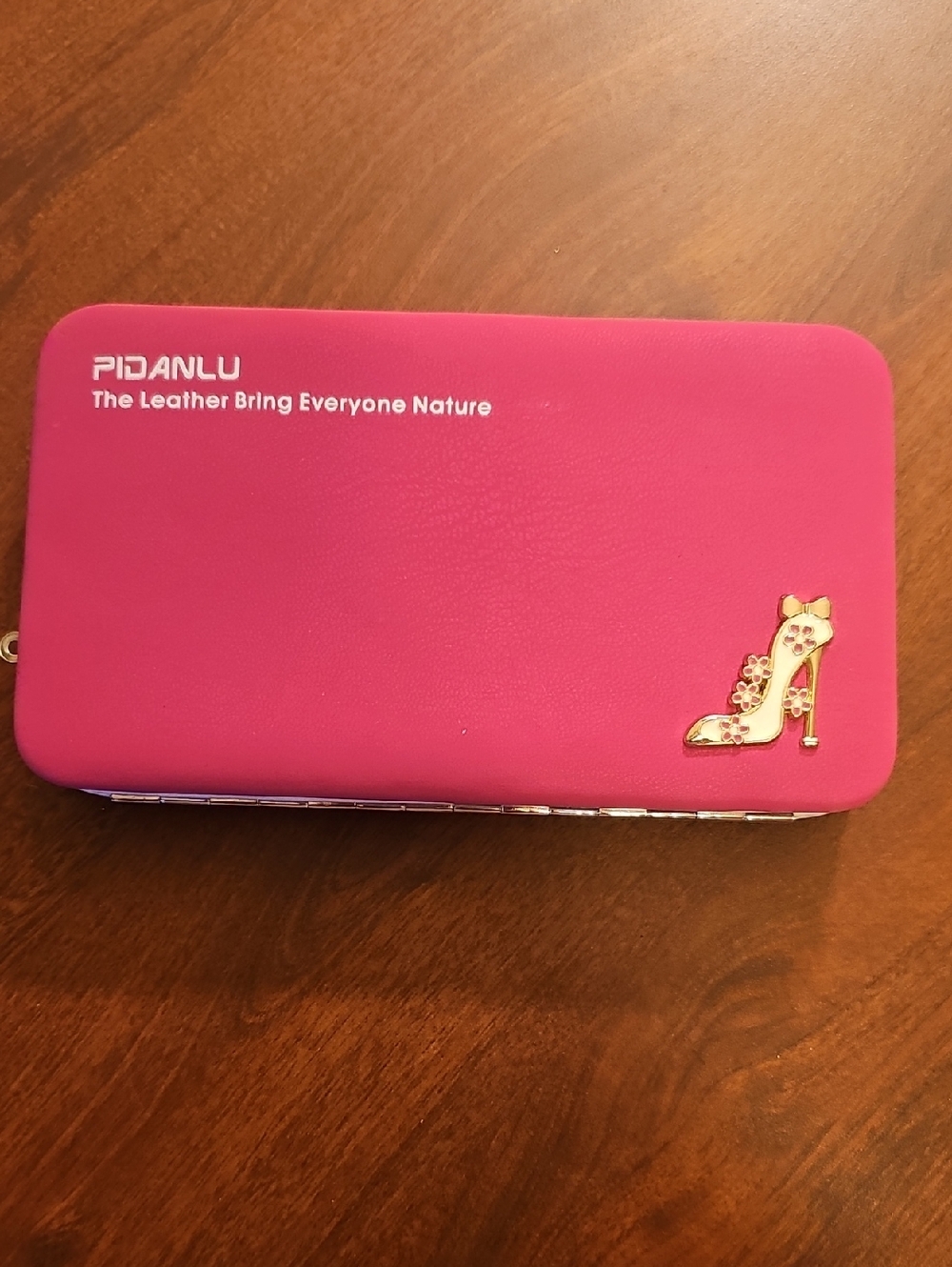 Pink Leatherette Women's Zip Wallet with Decorative Heel Accent